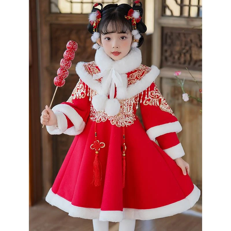 FANZHESA汉服女童国风拜年服女宝冬季新款唐装连衣裙儿童新年衣服