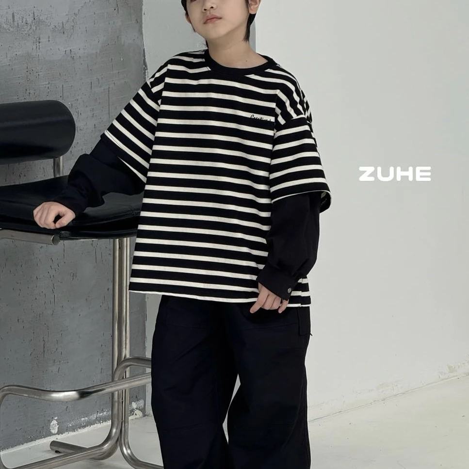 1657儿童假两件条纹T恤