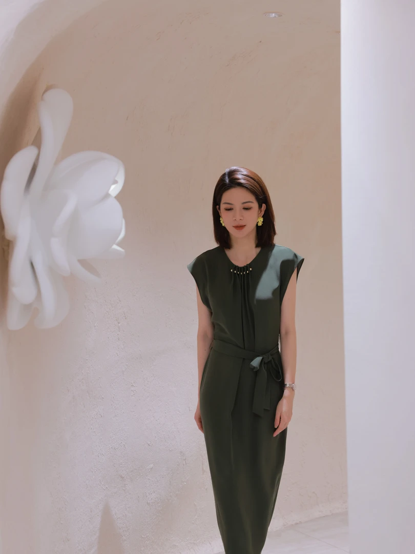 ANGELIAORIGINAL夏日私语 醋酸金属圆珠夏款气质显瘦连衣裙#555