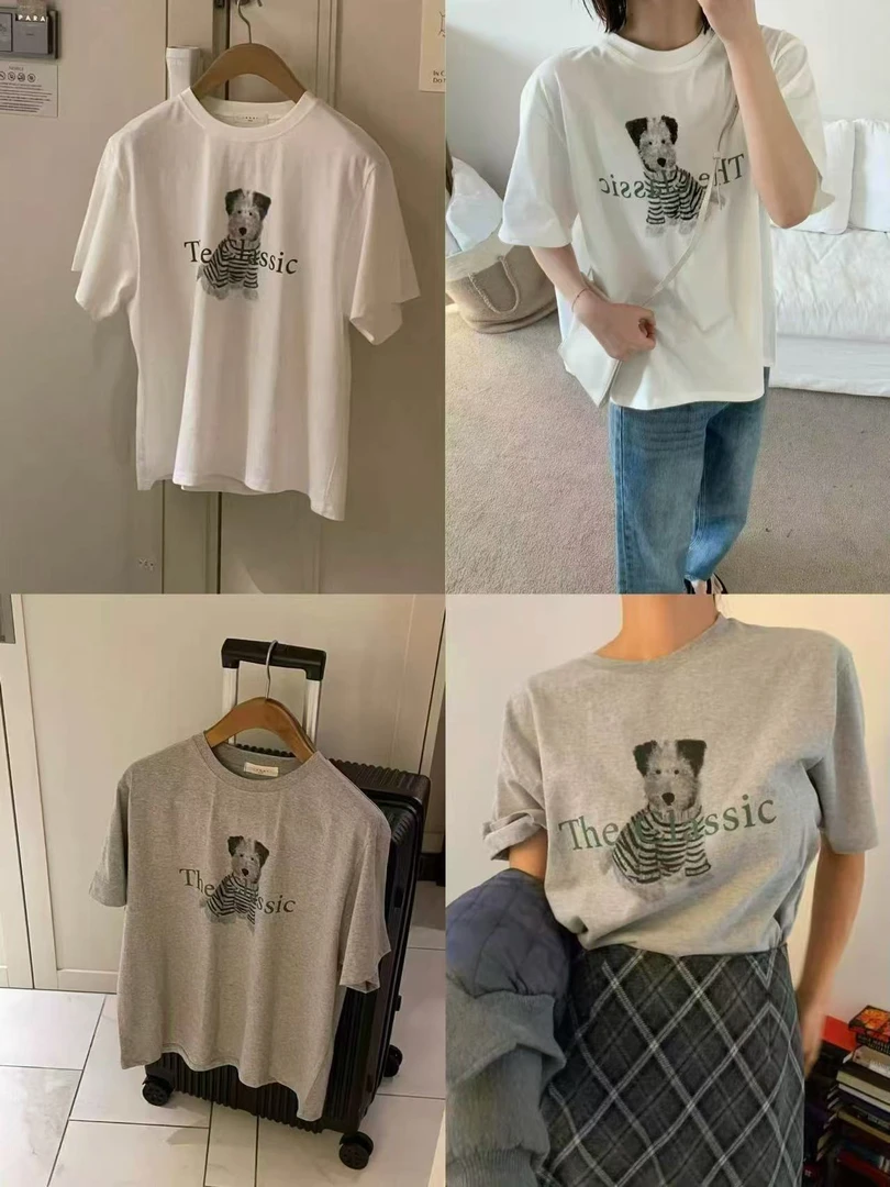 韩国东大门 in~潦草小狗呆萌可爱 圆领宽松短袖T恤