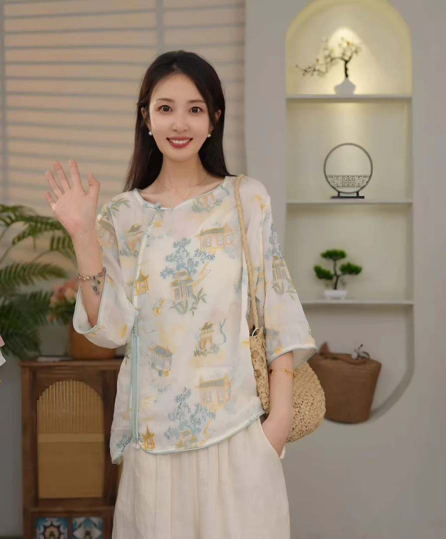 亭台楼阁重工新中式刺绣苎麻小衫夏季新款刺绣圆领衬衫女上衣