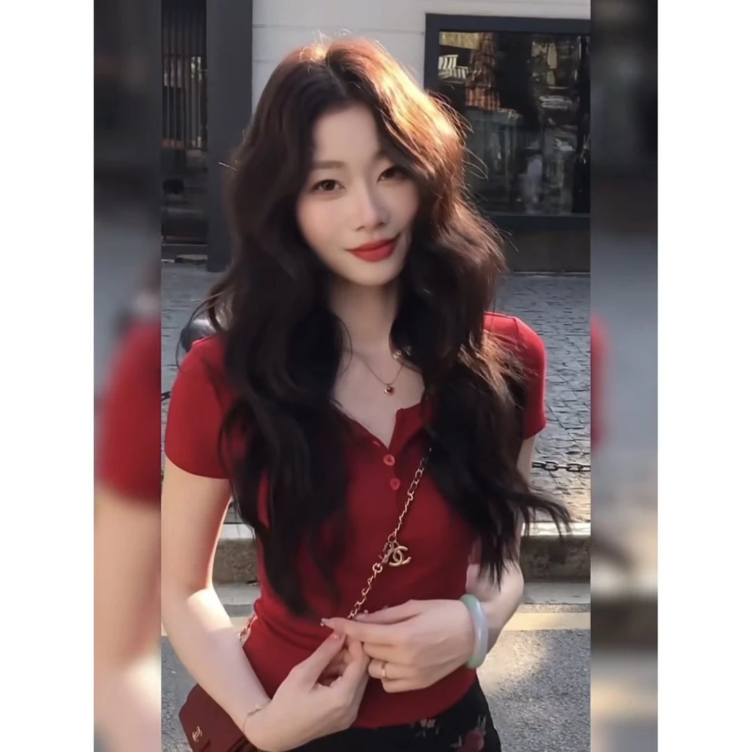 纯欲风纽扣设计感半开领短袖t恤女夏小个子韩系温柔显瘦百搭上衣