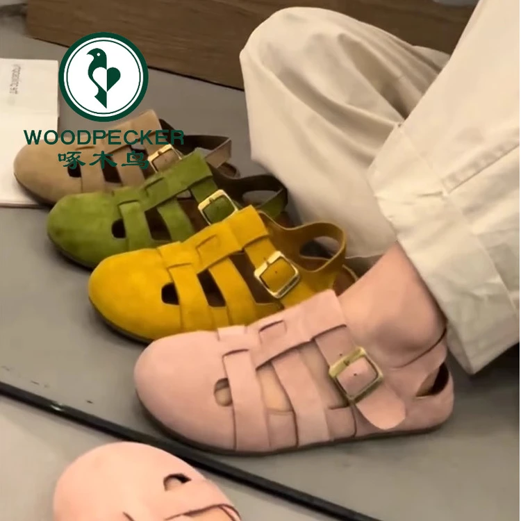 啄木鸟包头罗马凉鞋女2025夏季新款厚底编织勃肯凉鞋软底镂空女鞋