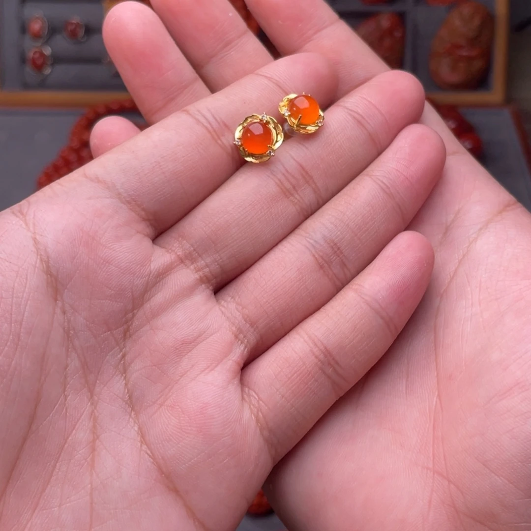 南红玛瑙银S925镀金镶嵌配饰