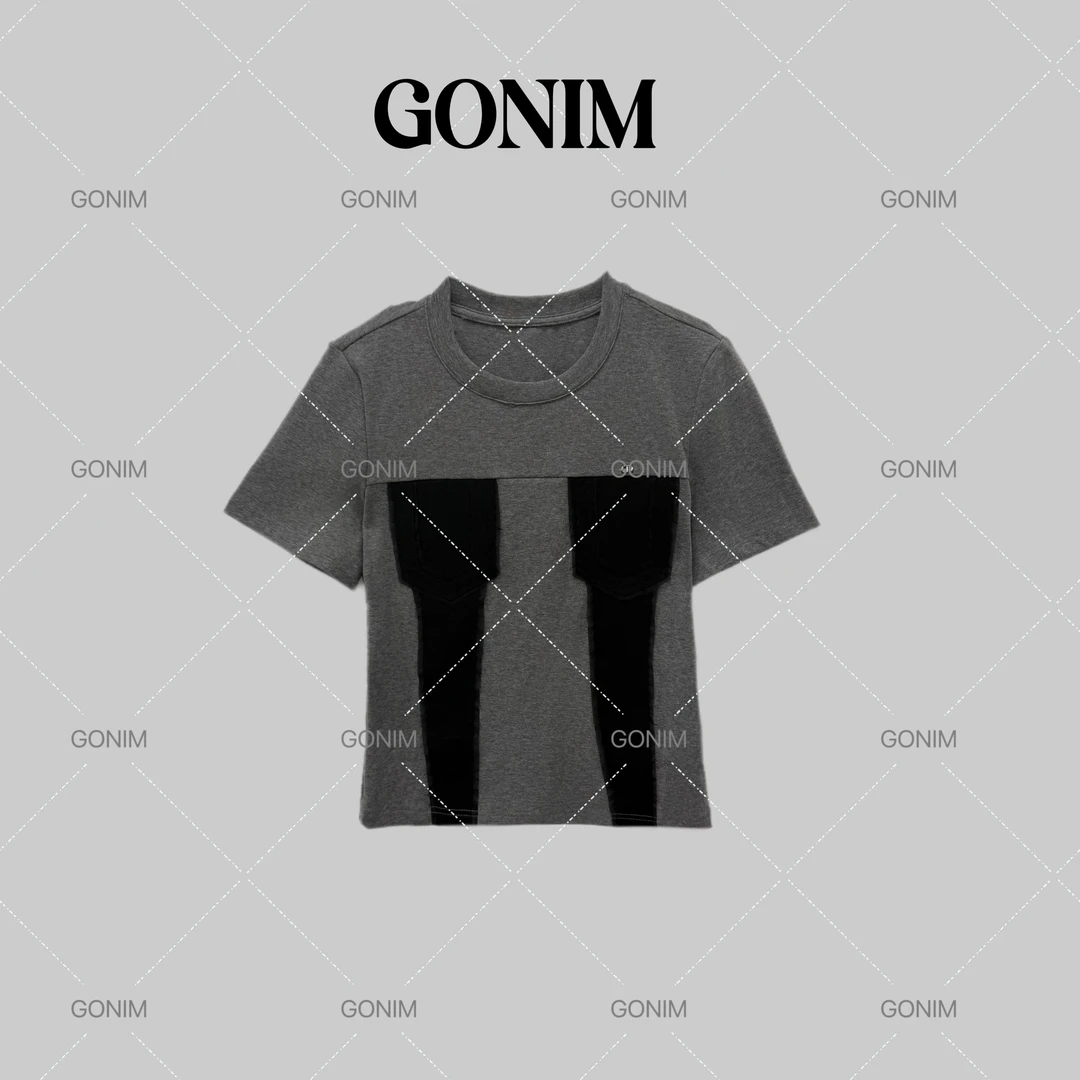 Gonim· "灰白腔调"2025春夏款休闲拼接时尚设计感百搭设计师T恤女
