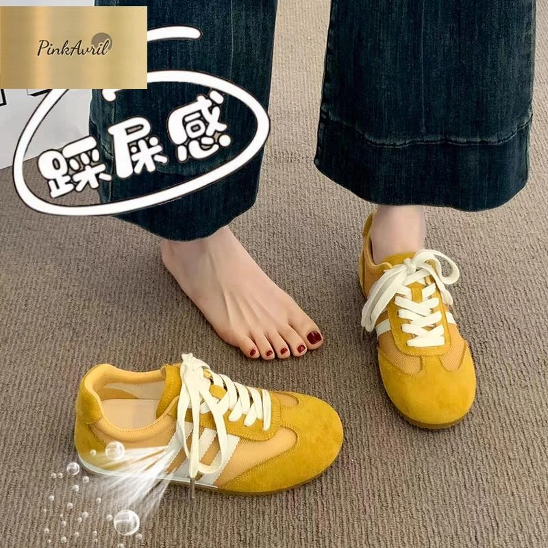 PinkAvril黄色春夏网面德训2025阿甘鞋运动跑鞋透气34女潮码平底