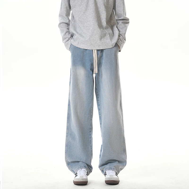 美式ins高街百搭帅气宽松直筒水洗牛仔裤男垂感阔腿渐变休闲裤子