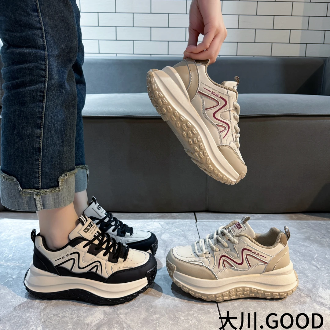【蔷薇】厚底老爹鞋女2024秋加棉加厚透气超火黑白拼色运动鞋8813