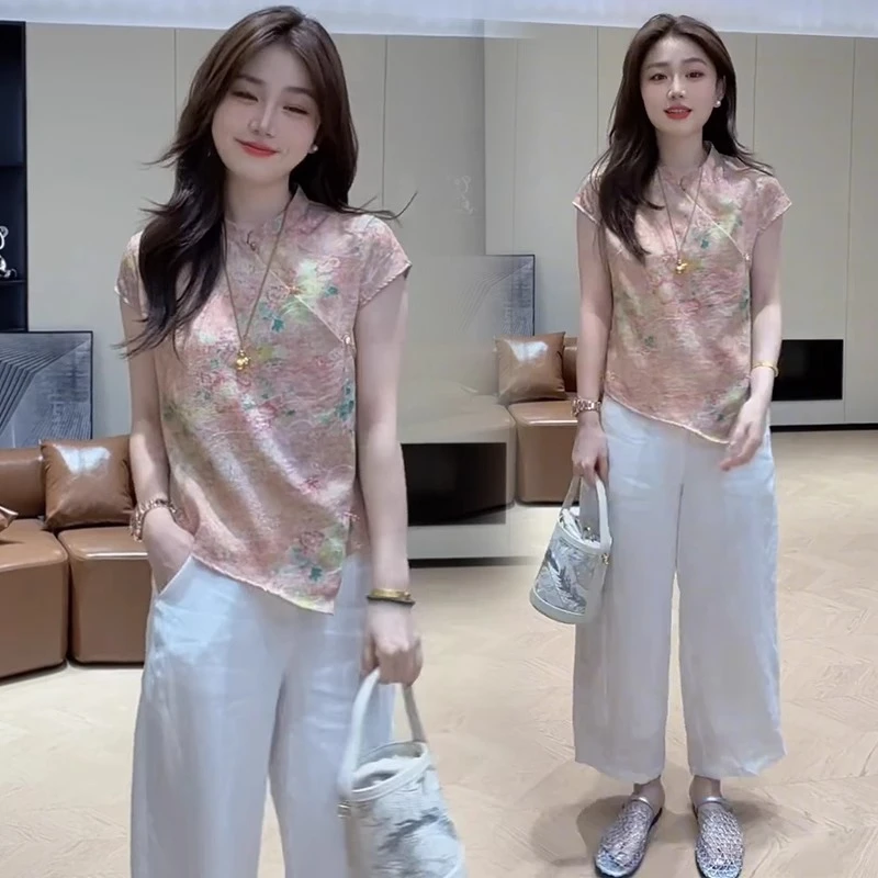 拉夏贝尔时尚套装女2025夏季显瘦新中式盘扣短袖上衣阔腿裤两件套