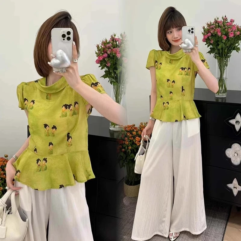 时尚衬衫女2025夏季新款洋气收腰显瘦小众百搭新中式印花短袖上衣