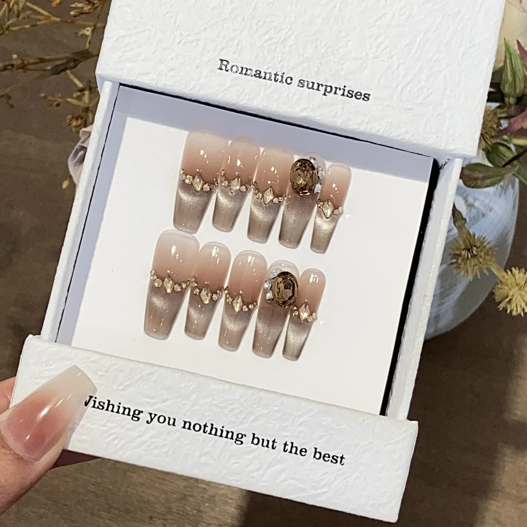 【黑松露】高品质摩卡渐变猫眼琥珀香槟碎钻堆堆钻黑松露穿戴甲