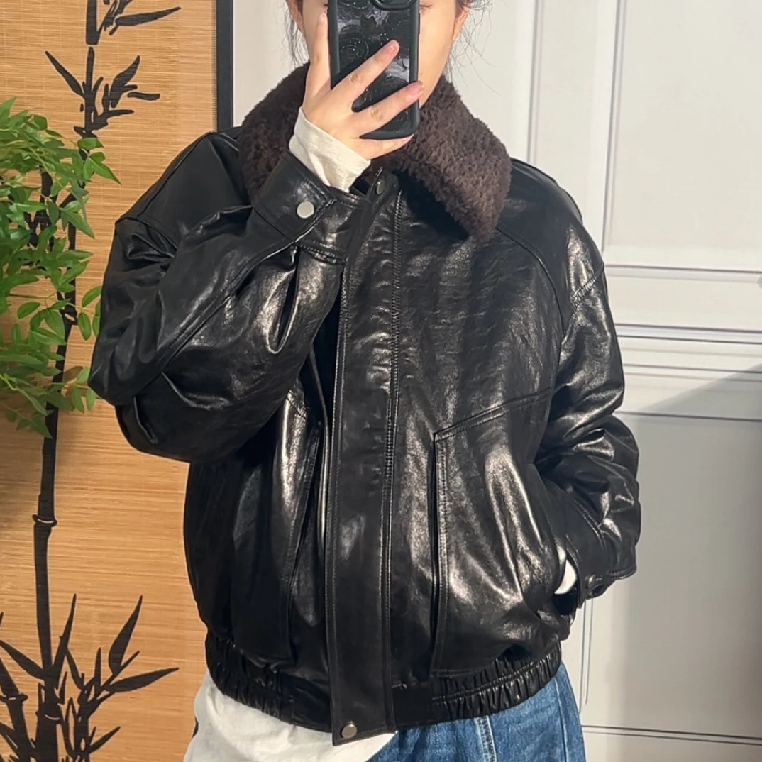 杨树林90鹅绒578-1真皮油蜡羊皮外套毛领可拆卸皮衣冬季加厚加绒