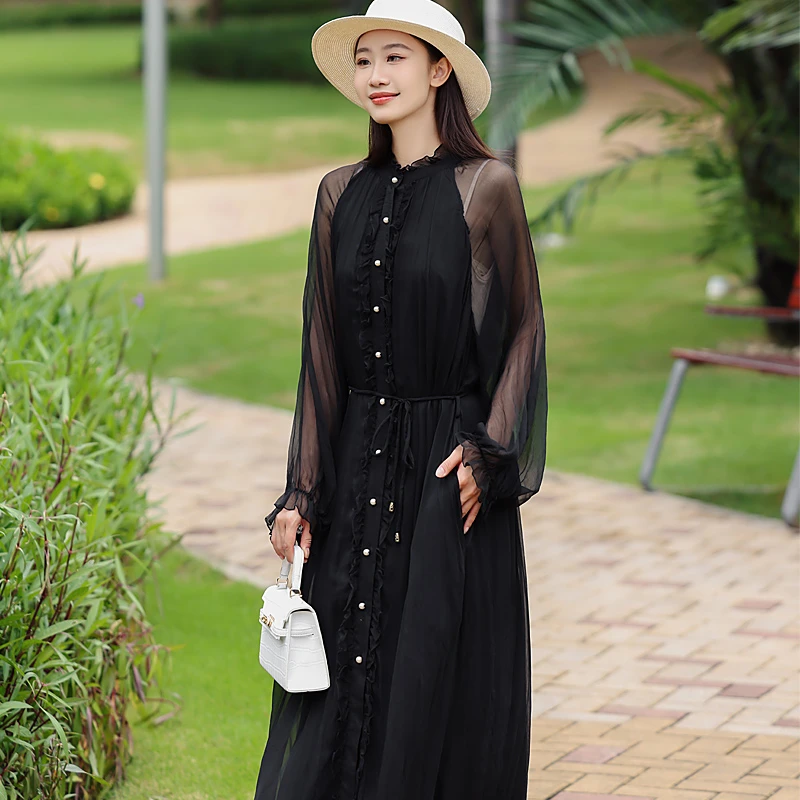 拜占庭的森林桑蚕丝连衣裙女高端轻奢纯色宽松显瘦大气百搭中长款