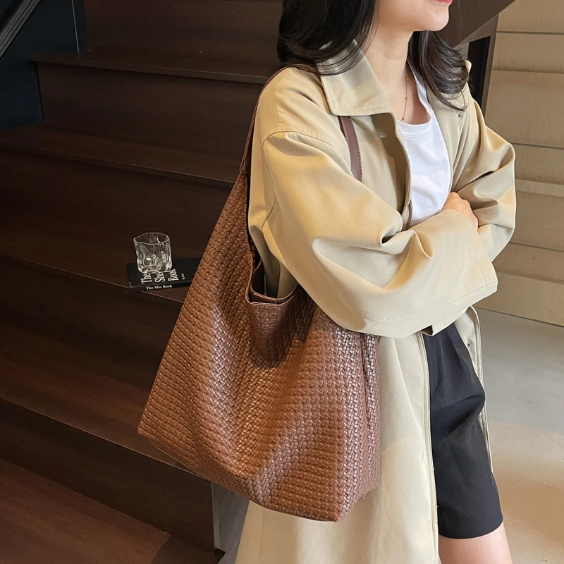 PARACVTOU/帕卡图通勤包包编织质感托特包车缝线单肩包欧若智性风