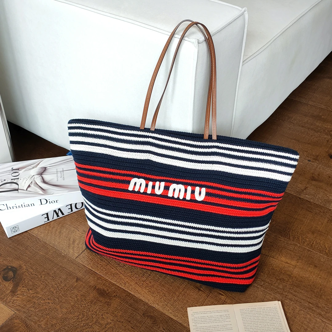 99新 MIU MIU/缪缪 Azul-红白拼蓝色条纹编织tote托特手提包47635