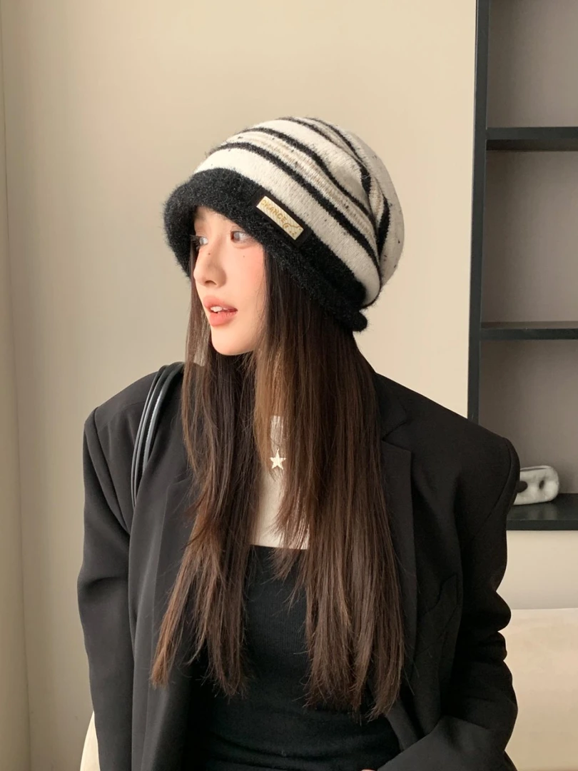 韩系条纹针织毛线帽子女2025新款大头围堆堆帽秋冬护耳防风套头帽
