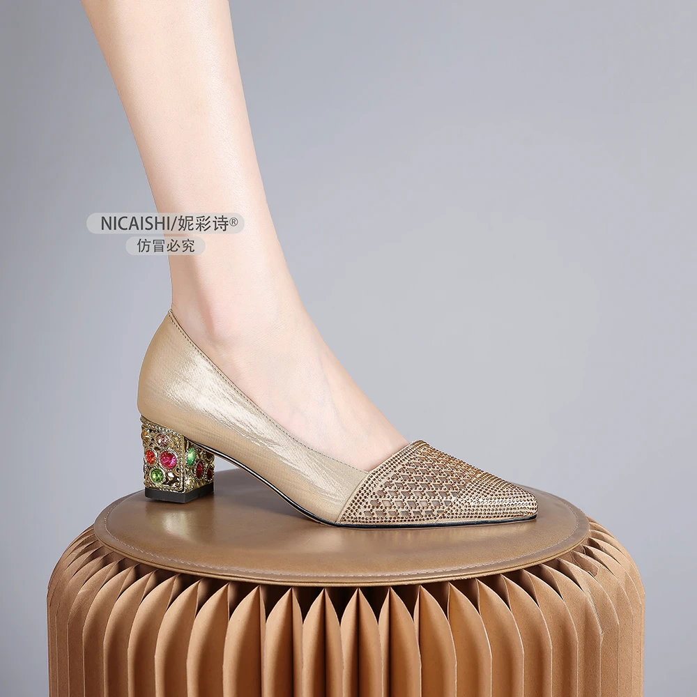 尖头粗跟单鞋女2025年夏季新款时尚百搭浅口水钻中跟女鞋1571