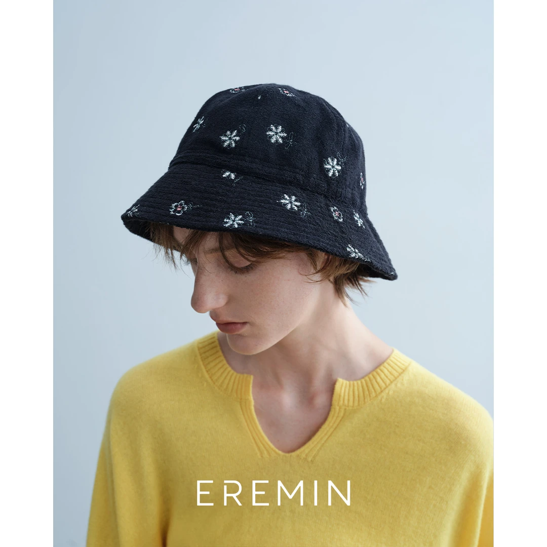 Min 日系花朵刺绣绒毛渔夫帽小众绣花盆帽55730