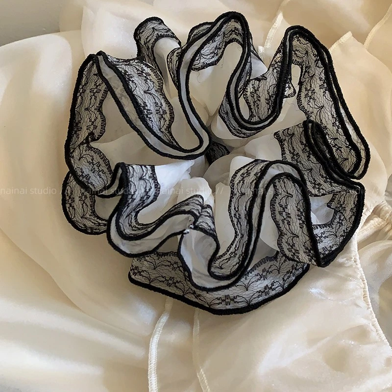 黑色蕾丝花边大肠发圈花苞四层超仙宫廷风复古法式丸子头发绳女
