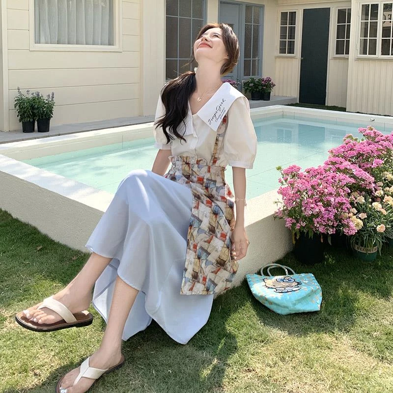 学院风复古油画印花吊带半身裙翻领衬衫上衣套装两件套女夏季韩系