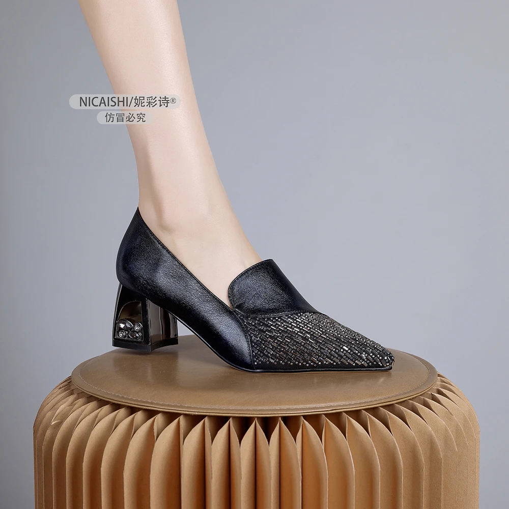 2024年新款欧美气质方粗跟女单鞋春秋仙女风舒适百搭尖头瓢鞋0236