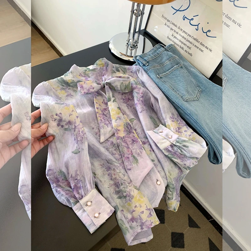 复古碎花紫色蝴蝶结衬衫优雅气质休闲百搭大码长袖显瘦减龄上衣潮