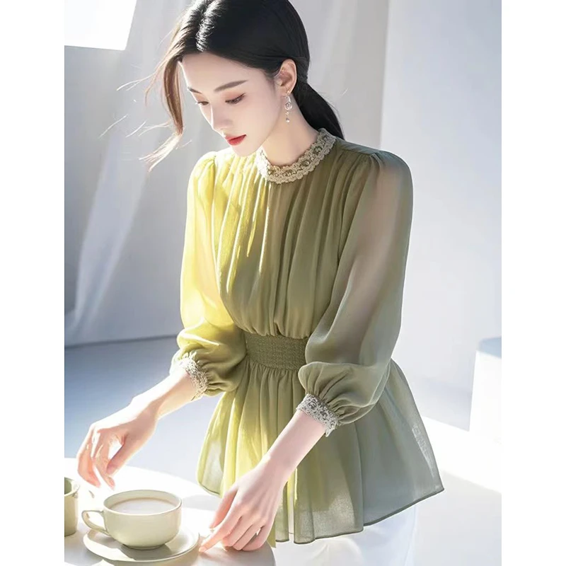 高级感轻奢雪纺衬衫女春季新款独特漂亮洋气减龄显瘦百搭绿色上衣
