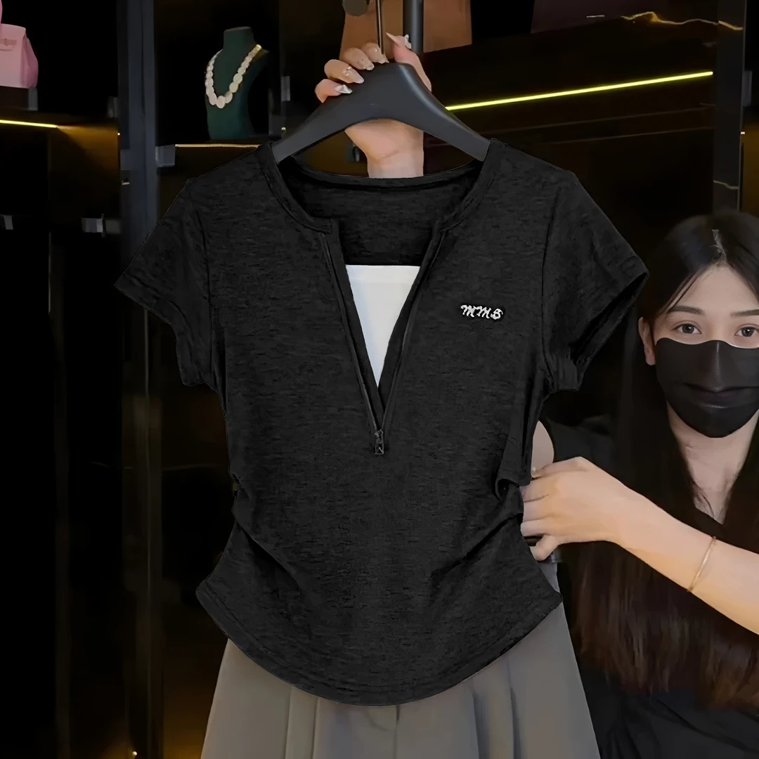 拉链V领拼接假两件短袖T恤女夏季2025新款褶皱收腰气质显瘦女上衣
