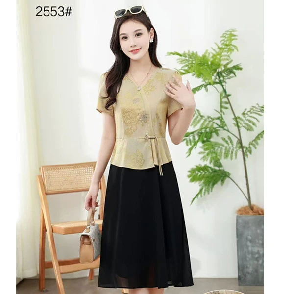 新款高贵复古v领盘扣提花拼接撞色显瘦中长款连衣裙53款