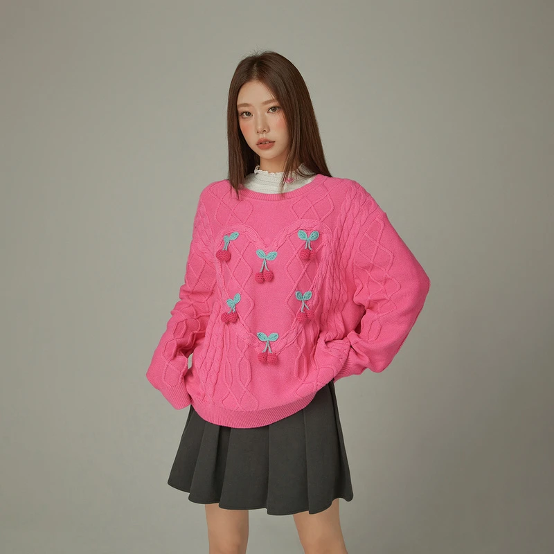 【毛毛专属】CHUU小樱桃钩花设计甜妹长款针织衫-F