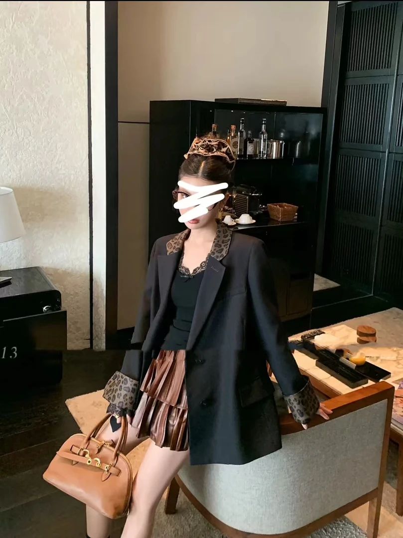 公主 复古百搭黑西装春秋季新款韩版宽松休闲西服豹纹拼接（98901）