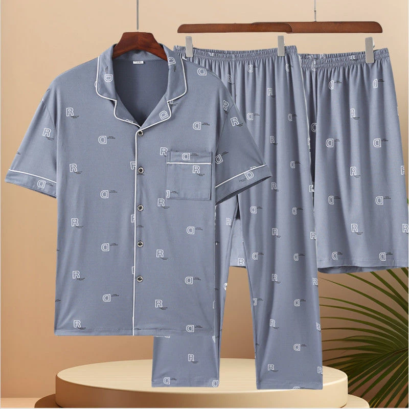 短裤中年男式家居服套装夏季短袖开衫三件套长裤休闲薄两件套睡衣