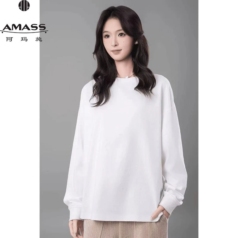 AMASS/阿玛施早春新款百搭时尚纯色长袖白T恤圆领简约舒适 530089