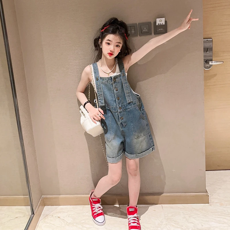 女童夏装牛仔背带裤套装2025新款洋气中大儿童休闲短裤子夏季薄款