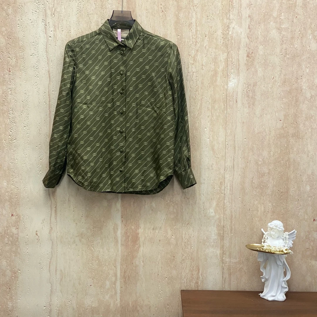 99新 GUCCI/古驰 Gucci 绿色老花满印真丝衬衫/36码/99新/31185