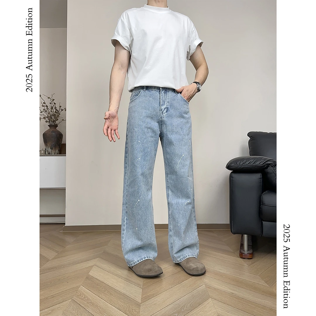 简约泼墨/Cleanfit直筒蓝牛 水洗泼墨宽松休闲牛仔裤 渐收裤脚口