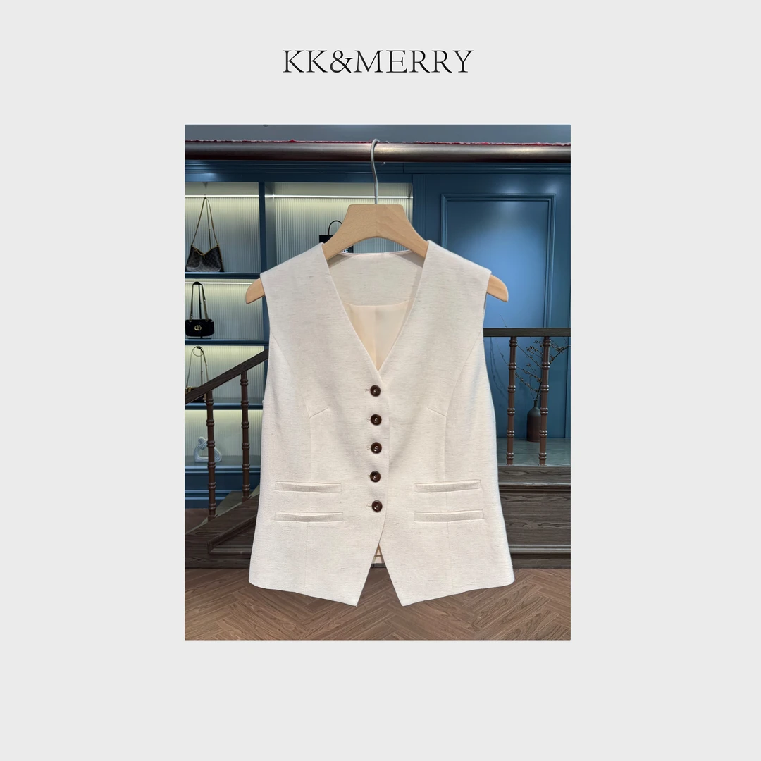 KK&MERRY法式百搭气质V领单排扣修身无袖马甲KDDD153