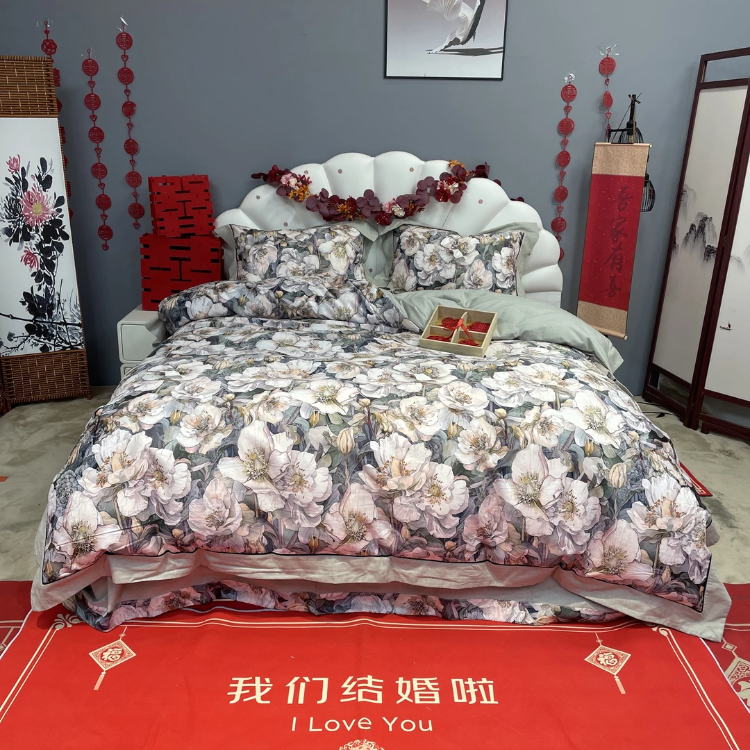 繁花映彩 金太阳贡缎提花色织加厚印花轻奢四件套欧式结婚黄一恒