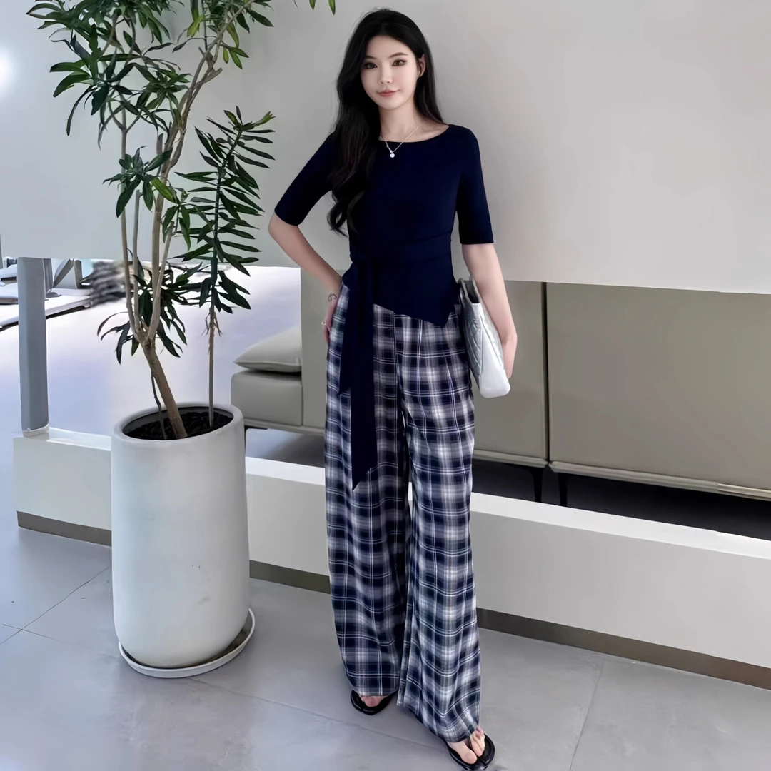 时尚韩系套装女2025早秋新款洋气质显瘦中袖T恤格子休闲裤两件套