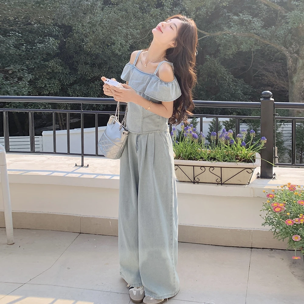 高级感时髦牛仔套装女2025夏季盐甜系穿搭一字肩上衣阔腿裤两件套