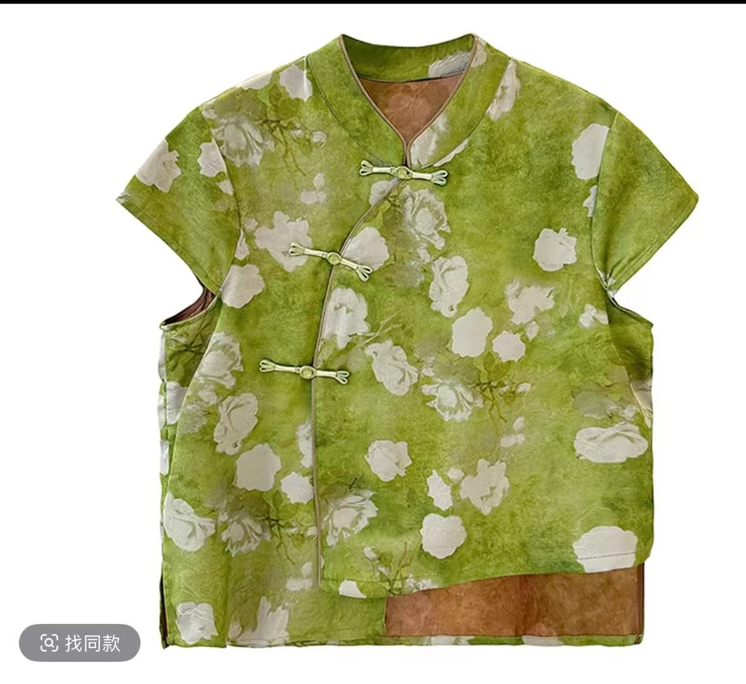 032绿白花红云纱斜门襟小衫