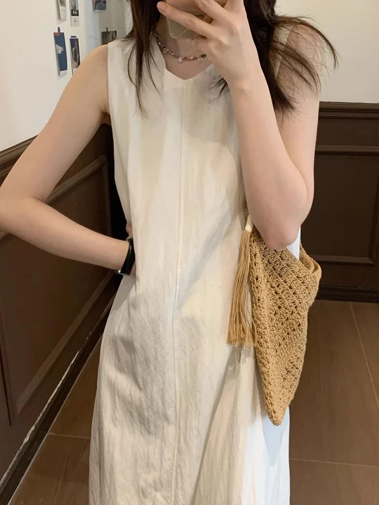 气质老钱风百搭透气白色无袖背心连衣裙女显瘦A字长裙夏季