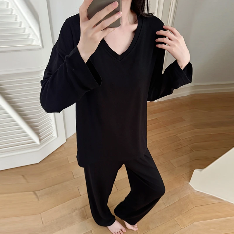 带胸垫睡衣女春秋韩版极简小V领可外穿纯色长袖休闲风家居服套装