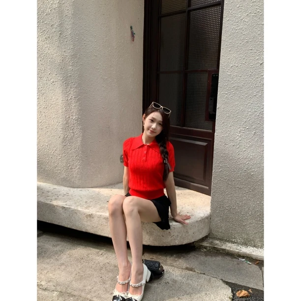 【梦梦服饰】法式红色Polo领冰丝正肩针织短袖