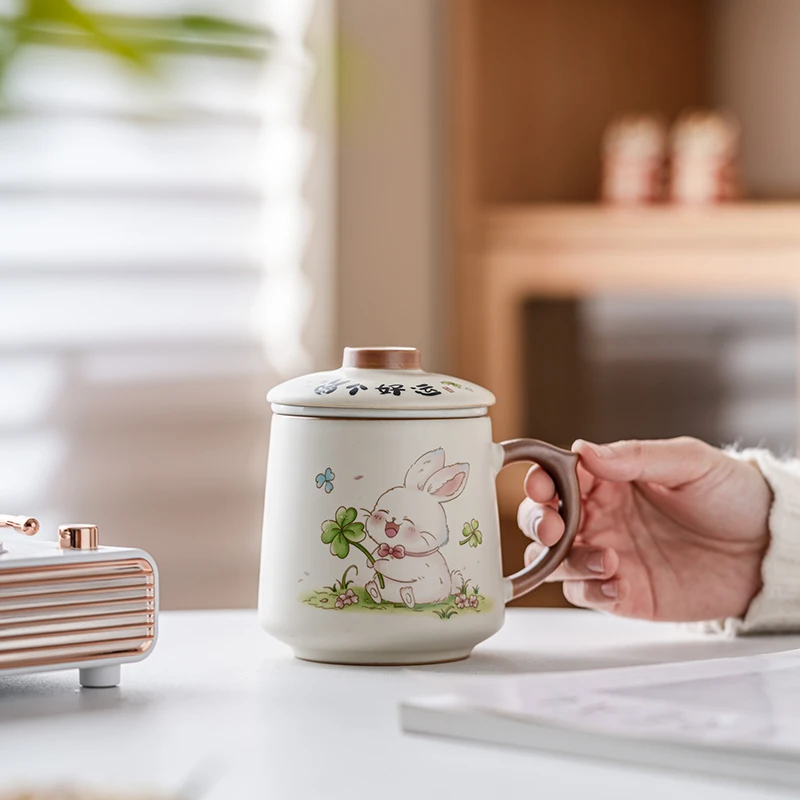 汝窑兔个好运陶瓷茶水分离杯家用办公泡茶杯带盖过滤创意喝水茶杯