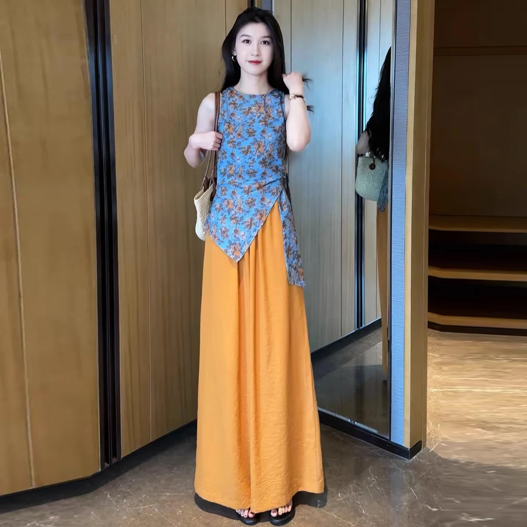 拉夏贝尔无袖碎花衬衫搭配阔腿裤裙套装2025夏季新款巨好看两件套