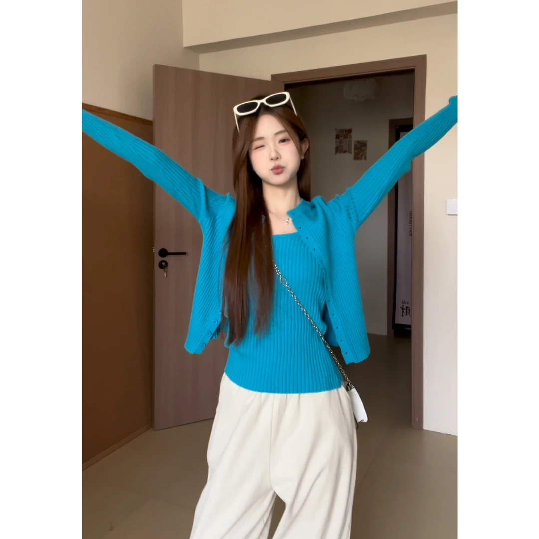 KUMAYES纯欲辣妹针织吊带开衫两件套女百搭小个子修身短款外套春