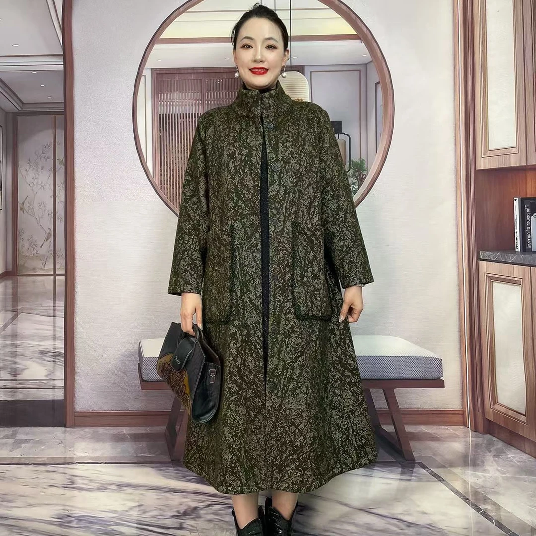 冬季加绒加厚长款立领大衣阔太太时尚气质宽松大码提花风衣外套女