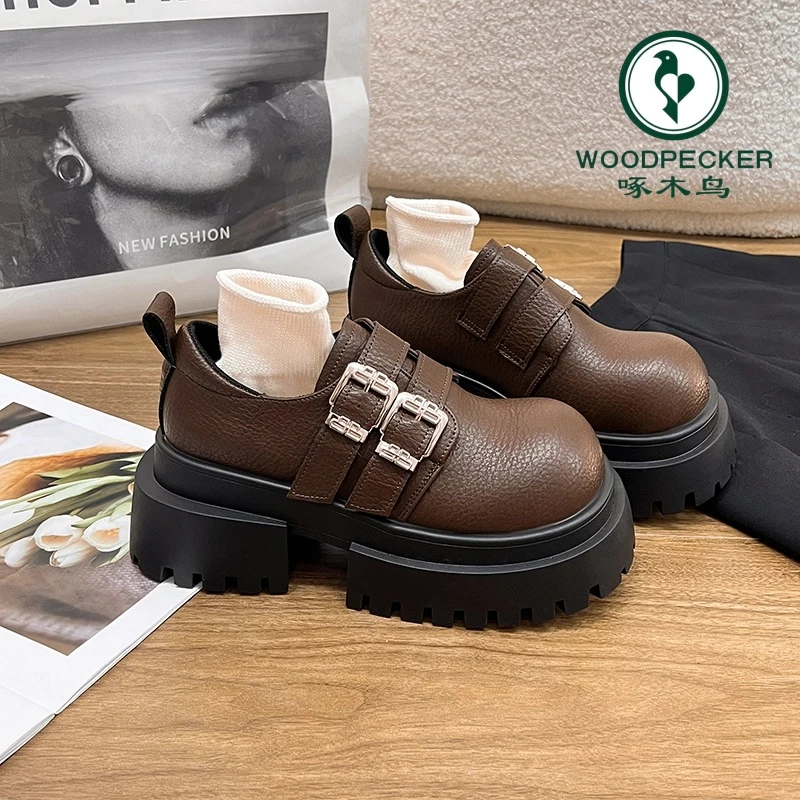 啄木鸟松糕乐福鞋学院风小单鞋厚底增高小皮鞋女2025春季休闲百搭