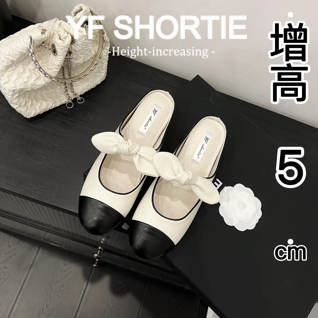 增高5cm小香风拼色圆头凉拖鞋女2025春季新款小众蝴蝶结平底半拖